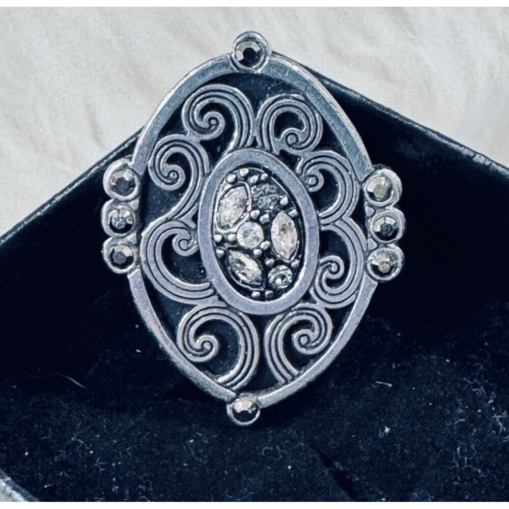 Retired BRIGHTON Antiqued Silver Scroll Filigree Crystal Statement Ring Sz 4.75